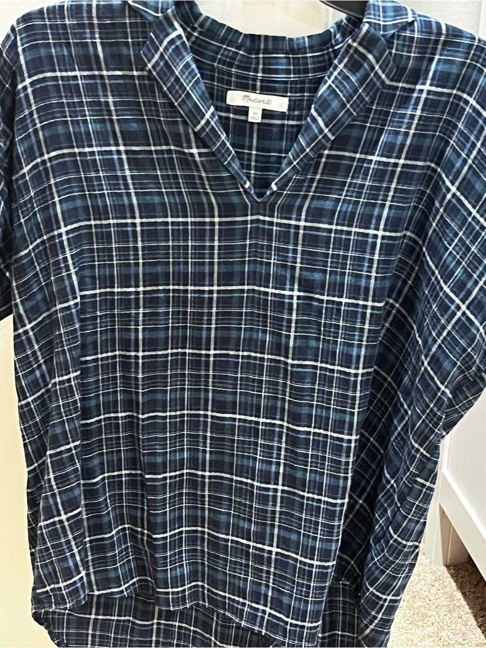 Madewell Navy, Teal and White Plaid  Button-Down Oversized Shirt
